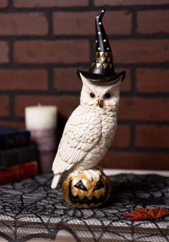 14" Owl With Witch Hat On Gold Jack 'O Lantern Halloween Decoration