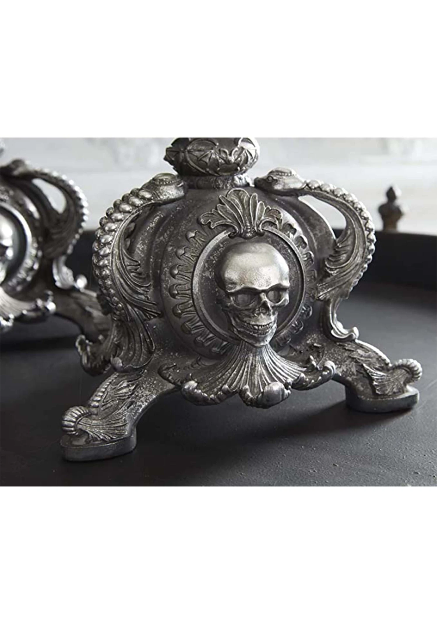 20.5" Silver Resin Skull & Bat Candle Holder Halloween Decoration 5 20.5" Silver Resin Skull & Bat Candle Holder Halloween Decoration - Image 3