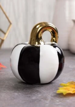 3-Inch White And Black Striped Ceramic Pumpkin Prop