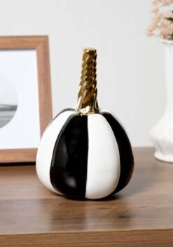 7-Inch White And Black Striped Ceramic Pumpkin Prop