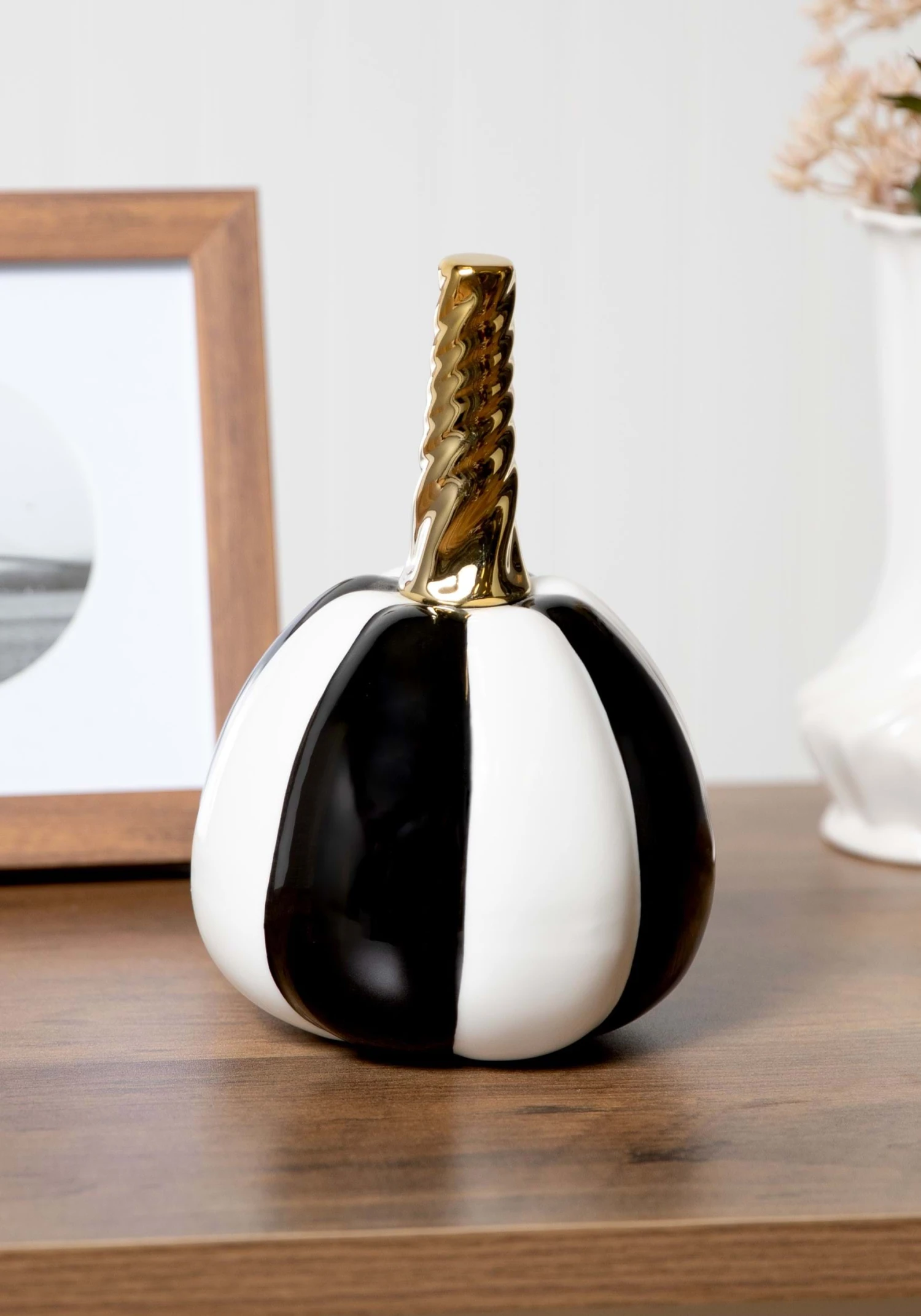 7-Inch White And Black Striped Ceramic Pumpkin Prop 3 7-Inch White And Black Striped Ceramic Pumpkin Prop