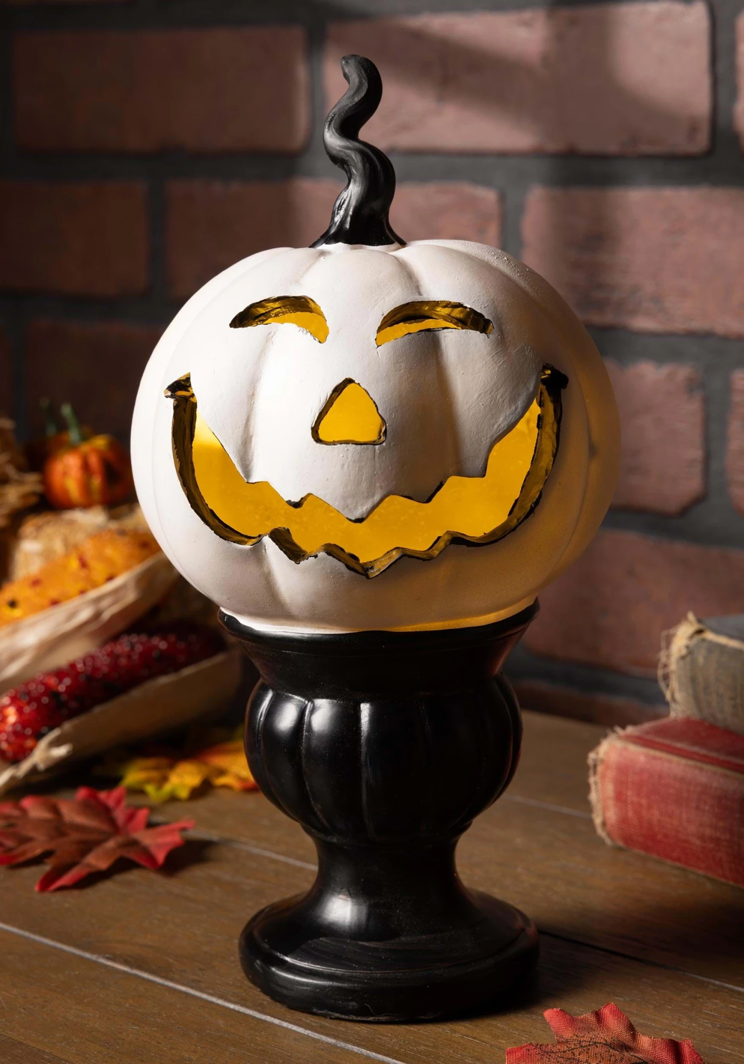 9" Light Up White Pedestal Pumpkin Halloween Decoration 3 9" Light Up White Pedestal Pumpkin Halloween Decoration