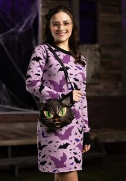 Women's Black And Purple Bats Sweater Dress -Halloween Costumes adult black and purple bats sweater dress alt 2