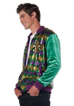 Mardi Gras Sequin And Velour Varsity Bomber Jacket For Adults -Halloween Costumes adult mardi gras sequin and velour varsity bomber alt 2