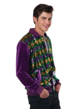 Mardi Gras Sequin And Velour Varsity Bomber Jacket For Adults -Halloween Costumes adult mardi gras sequin and velour varsity bomber alt 3