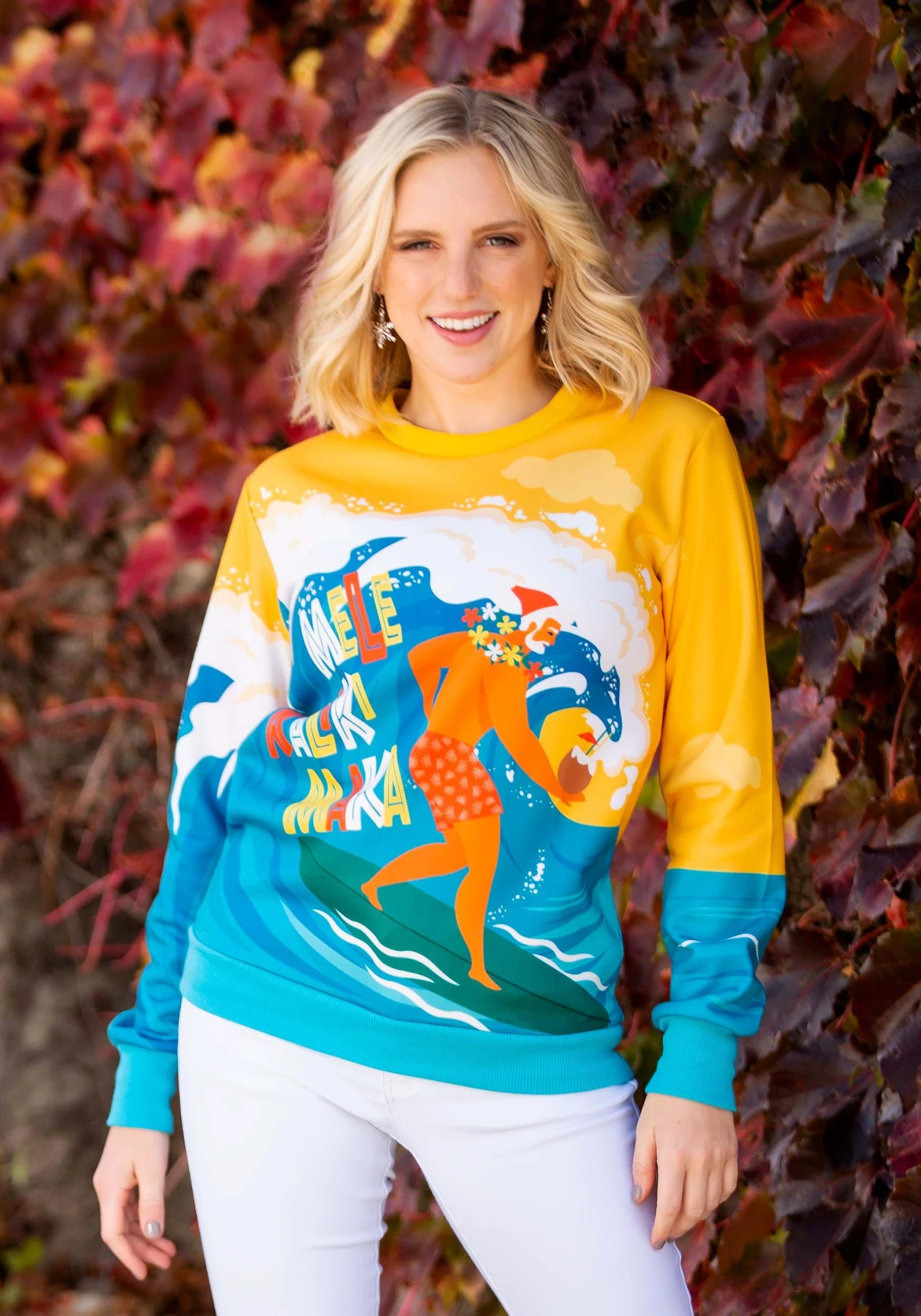 Mele Kalikimaka Surfing Santa Ugly Christmas Sweatshirt 5 Mele Kalikimaka Surfing Santa Ugly Christmas Sweatshirt - Image 3