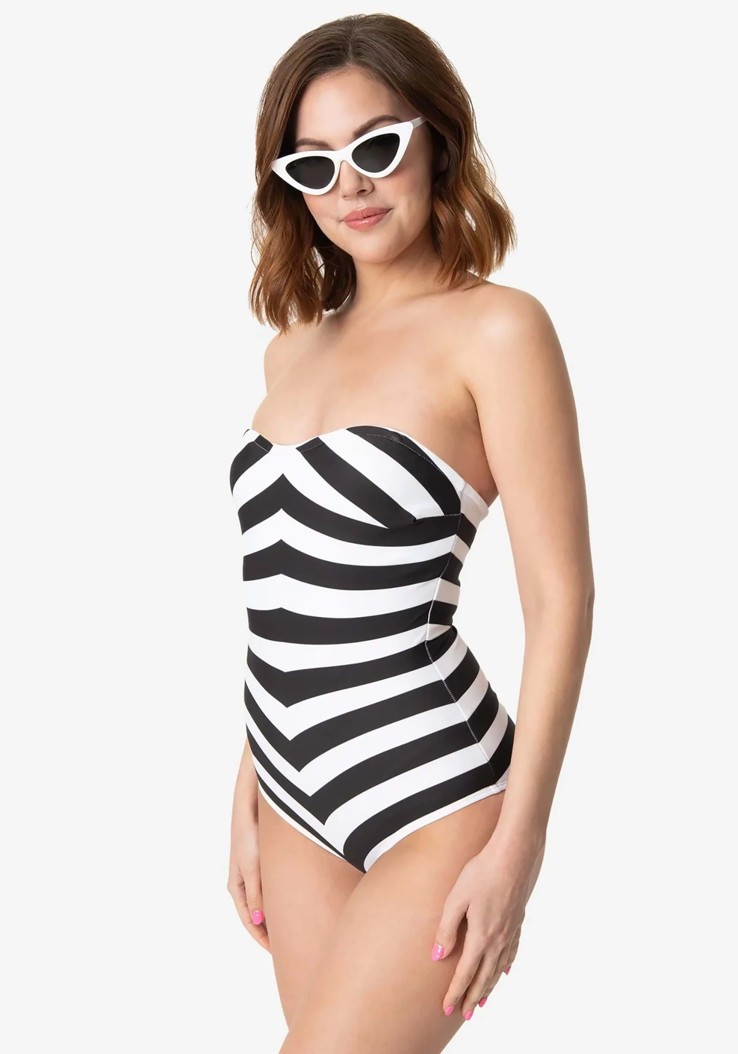 Barbie X Unique Vintage Black & White Chevron Stripe One Piece Bathing Suit 3 Barbie X Unique Vintage Black & White Chevron Stripe One Piece Bathing Suit