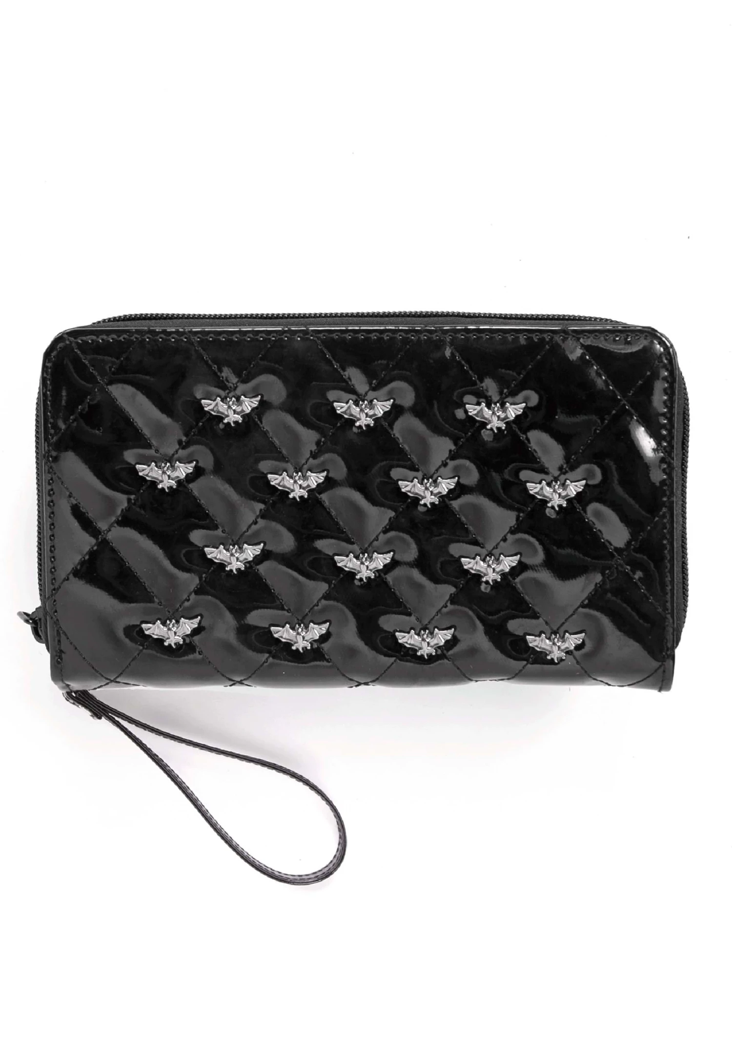 Bat Studded Quilted Faux Patent Zip-Around Black Wallet 3 Bat Studded Quilted Faux Patent Zip-Around Black Wallet