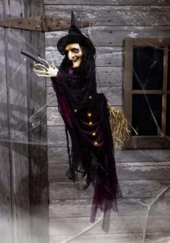 Flying Scary Witch On Broom With Lights & Voice Decoration