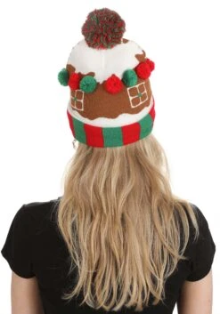 Christmas Knit Gingerbread House Hat With Pom Pom -Halloween Costumes gingerbread house knit hat alt 2