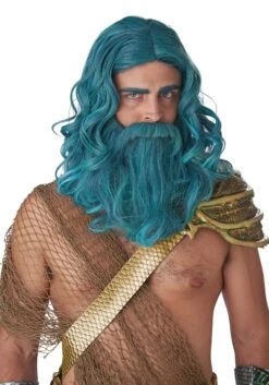 Teal Ocean King Wig And Beard Set