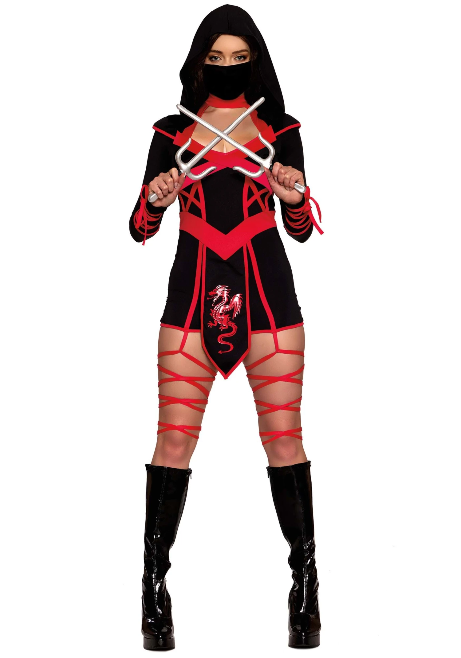 Red Dragon Women's Ninja Hooded Romper Costume 3 Red Dragon Women's Ninja Hooded Romper Costume