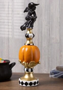 17 Inch Resin Black White Orange And Gold Finial With Flying Witch