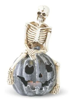 Set Of Three Resin Skeletons Sitting On LED Jack O Lanterns -Halloween Costumes set of three resin skeletons sitting on led jack o alt 2