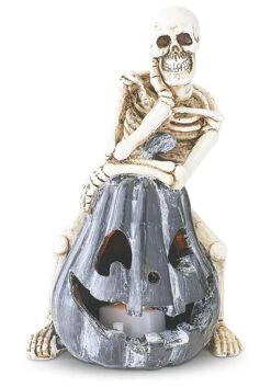 Set Of Three Resin Skeletons Sitting On LED Jack O Lanterns -Halloween Costumes set of three resin skeletons sitting on led jack o alt 3