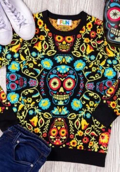 Sugar Skull Halloween Adult Sweater -Halloween Costumes sugar skull ugly halloween sweater alt 1