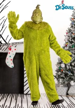 Plus Size The Grinch Adult Deluxe Jumpsuit With Latex Mask