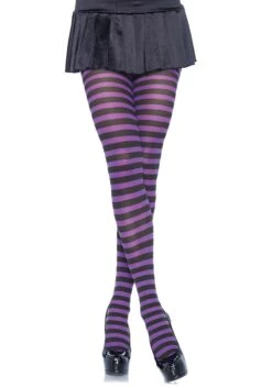 LEG AVENUE Black And Purple Striped Nylon Tights For Women