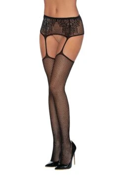 Dreamgirl Black High Waist Lace Print Fishnet Garter Belt For Women