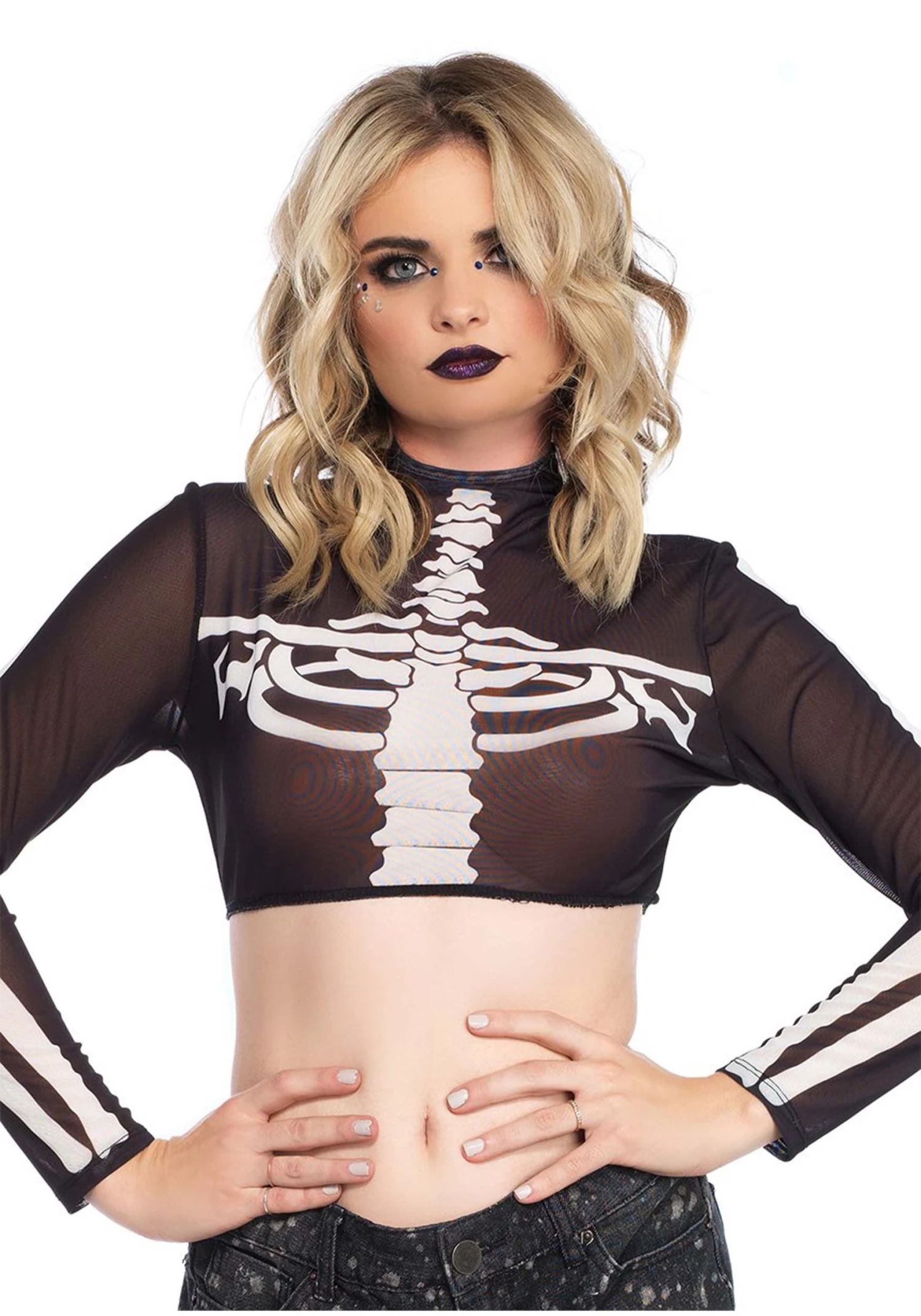 LEG AVENUE Black Skeleton High Neck Women's Crop Top Costume 3 LEG AVENUE Black Skeleton High Neck Women's Crop Top Costume