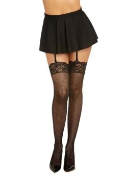 Dreamgirl Black Thigh High Fishnet Stockings With Lace Top For Women