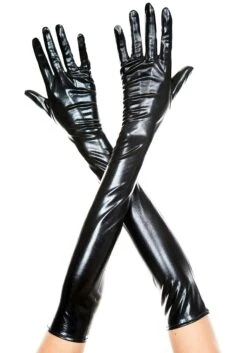 MUSIC LEGS Extra Long Black Faux Patent Leather Gloves For Women