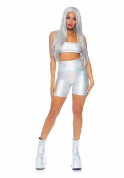 LEG AVENUE Women's Holographic Metallic Bandeau & Bike Short For Women -Halloween Costumes womens holographic metallic bandeau bike short alt 3