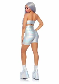 LEG AVENUE Women's Holographic Metallic Bandeau & Bike Short For Women -Halloween Costumes womens holographic metallic bandeau bike short alt 4