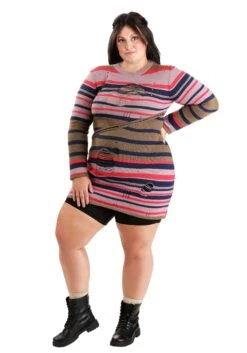 Plus Size Women's Astrid Striped Distressed Sweater Dress With Bike Shorts -Halloween Costumes womens plus astrid striped distressed sweater dress alt 1