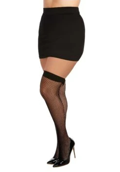 Dreamgirl Women's Plus Black Thigh High Fishnets With Back Seam And Vinyl Bow