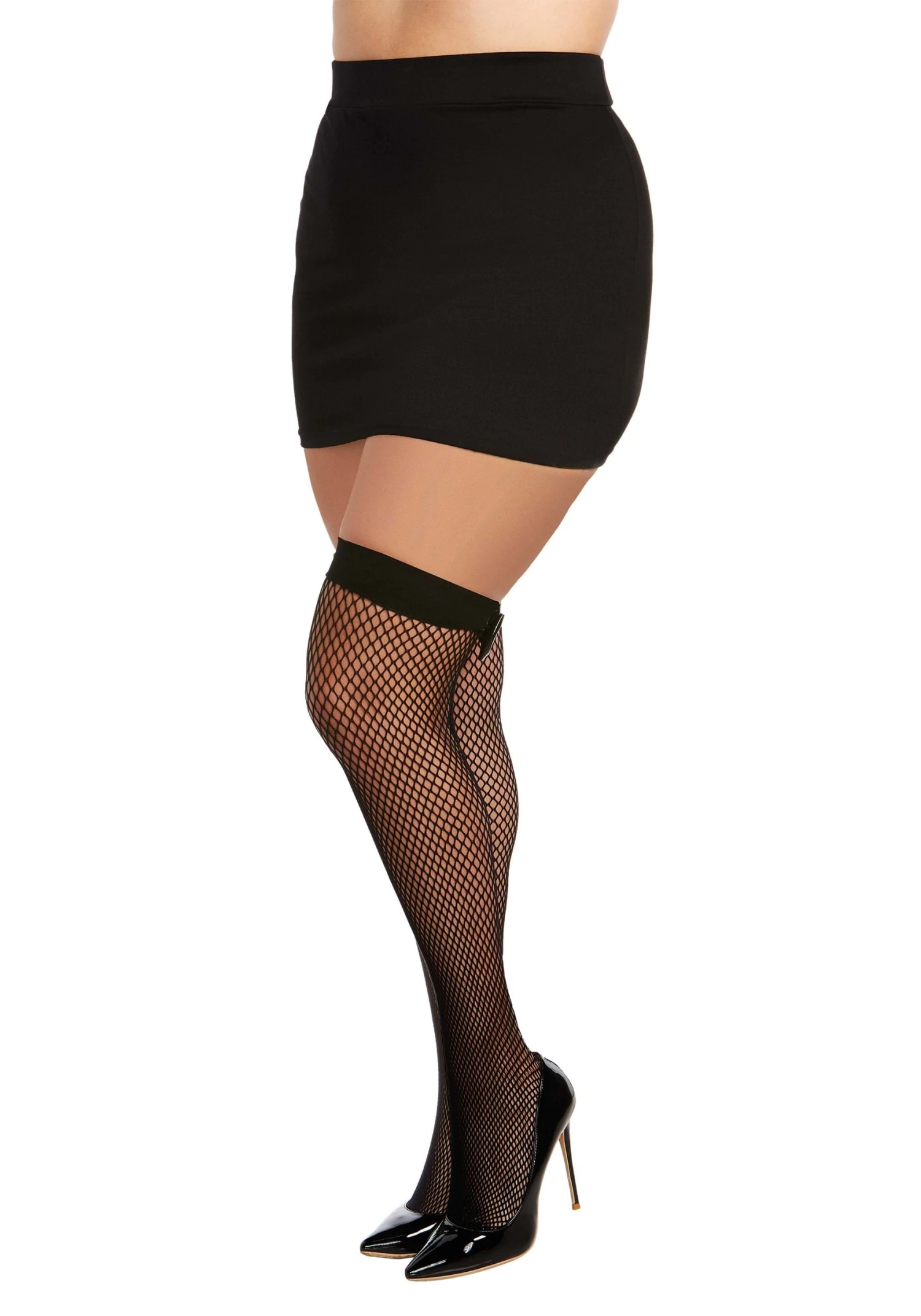 Dreamgirl Women's Plus Black Thigh High Fishnets With Back Seam And Vinyl Bow 3 Dreamgirl Women's Plus Black Thigh High Fishnets With Back Seam And Vinyl Bow