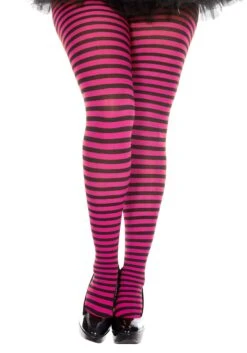 MUSIC LEGS Plus Size Black And Hot Pink Striped Tights For Women