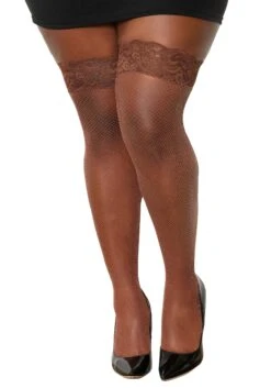 Dreamgirl Women's Plus Size Espresso Fishnet Thigh High Stockings