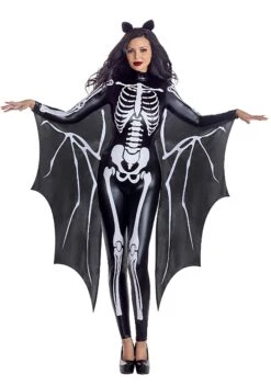 Women's Sexy Skeleton Bat Jumpsuit Costume With Attached Wings