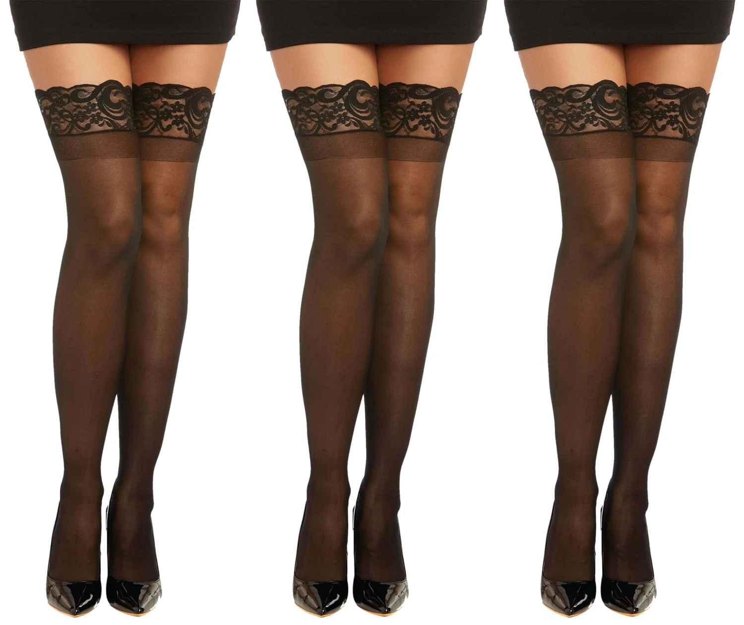 Dreamgirl Women’s 3-Pack Black Lace Top Sheer Thigh High Stockings With Comfort Lace Top Anti-Slip Silicone Elastic Band 3 Dreamgirl Women’s 3-Pack Black Lace Top Sheer Thigh High Stockings With Comfort Lace Top Anti-Slip Silicone Elastic Band