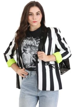 White And Black Stripe Blazer For Women -Halloween Costumes womens white and black stripe blazer alt 1