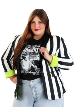 White And Black Stripe Blazer For Women -Halloween Costumes womens white and black stripe blazer alt 7